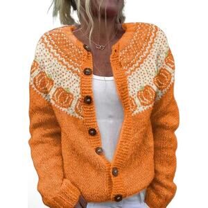Orange Pumpkin Knit Cardigan Fair Isle Sweater-Size L